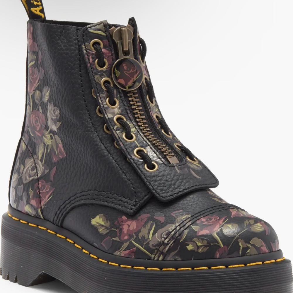 Dr. Martens Black and Pink Combat Boots with Floral Design